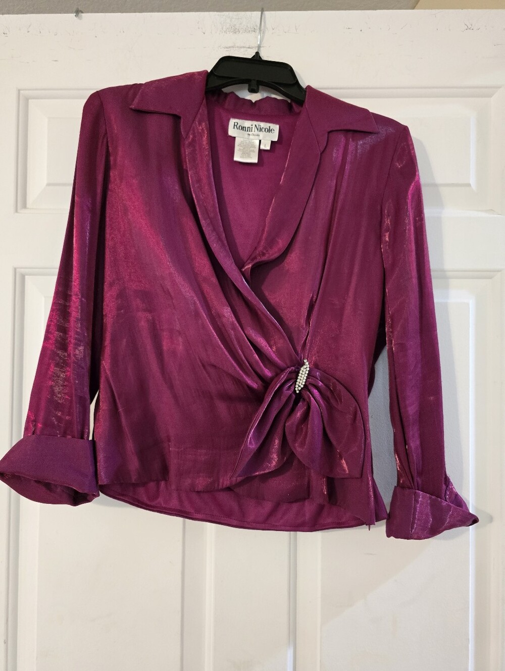 Ronni Nicole Shiny Magenta Wrap Blouse with Rhinestone Knot